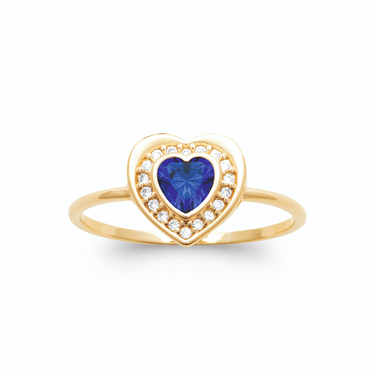 Bague cœur pierre bleu nuit et entourage de zircons plaqué or, vue de face