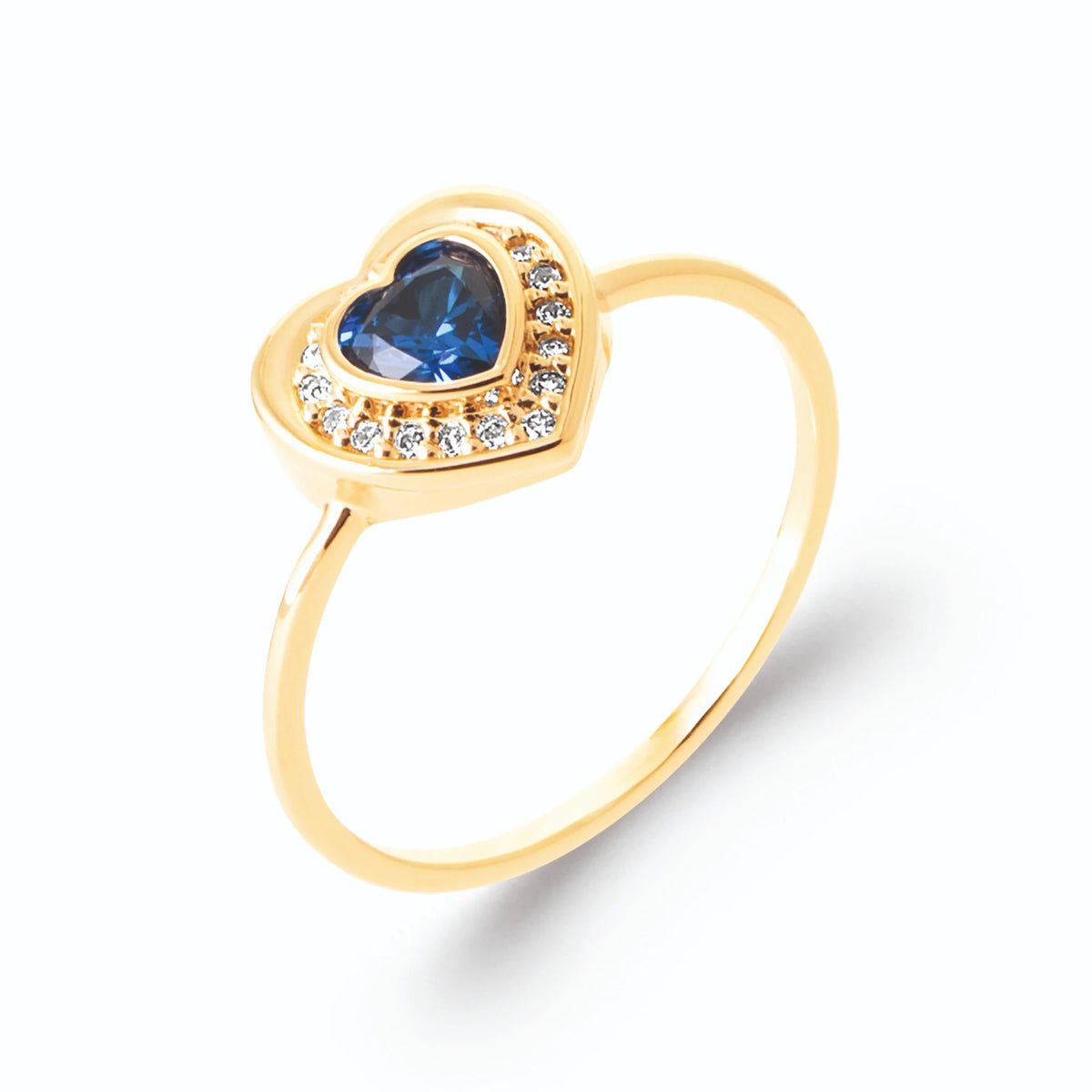 Bague cœur pierre bleu nuit et entourage de zircons en plaqué or, vue de trois quarts