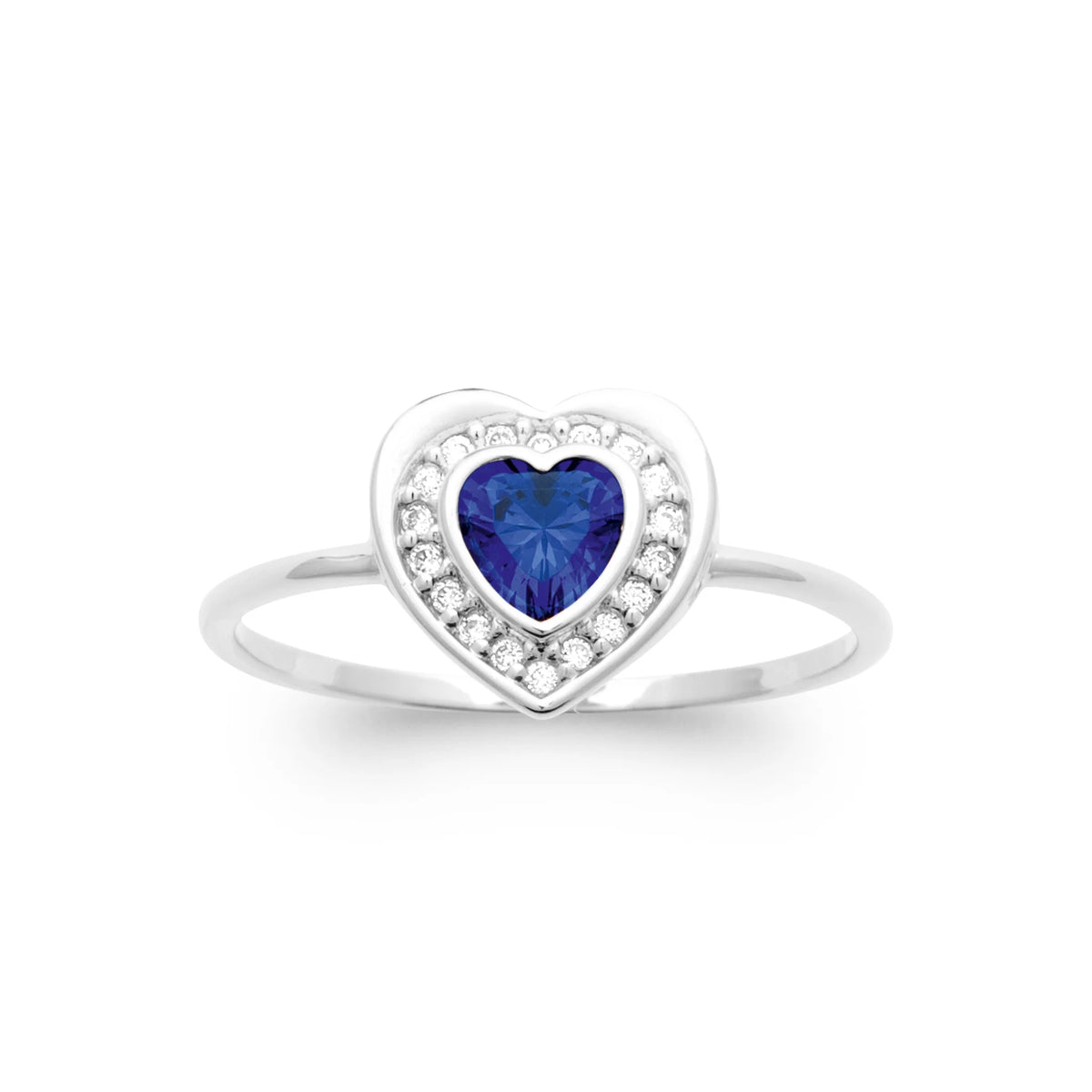 Bague cœur pierre bleue et halo de zircons en argent 925, vue de face