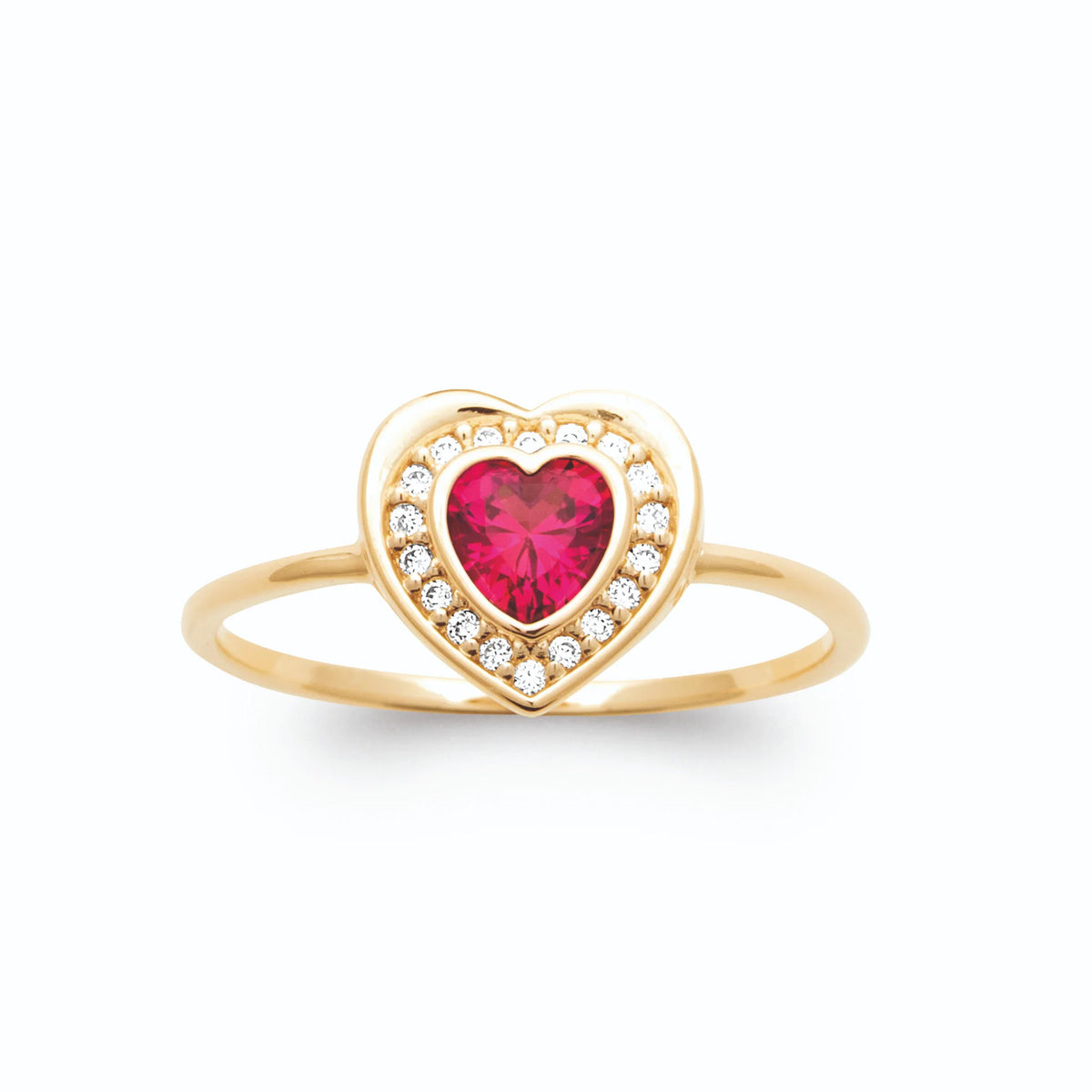 Bague cœur pierre framboise et entourage de zircons plaqué or, vue de face