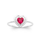 Bague cœur pierre rouge et halo de zircons en argent 925, vue de face