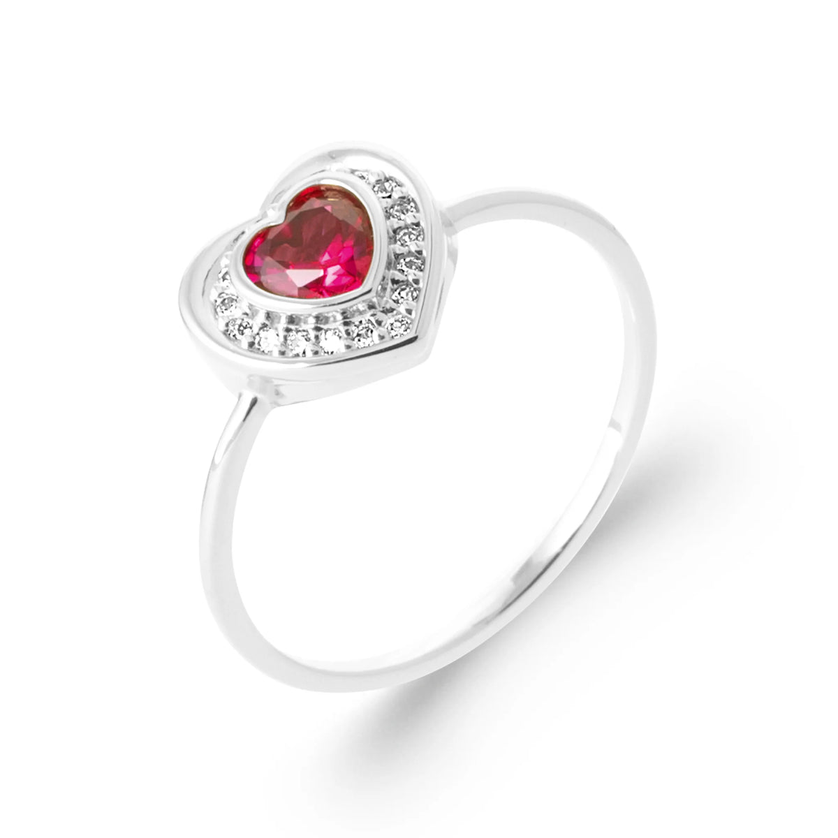 Bague cœur pierre rouge et halo de zircons en argent 925