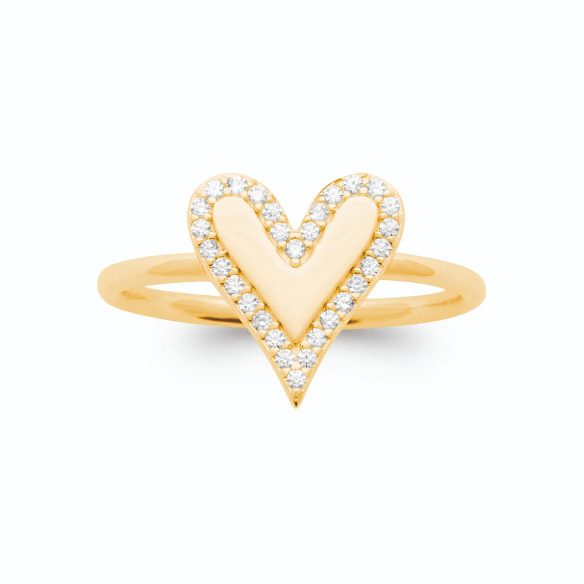 Bague cœur stylisé en pointe bordé de zircons en plaqué or