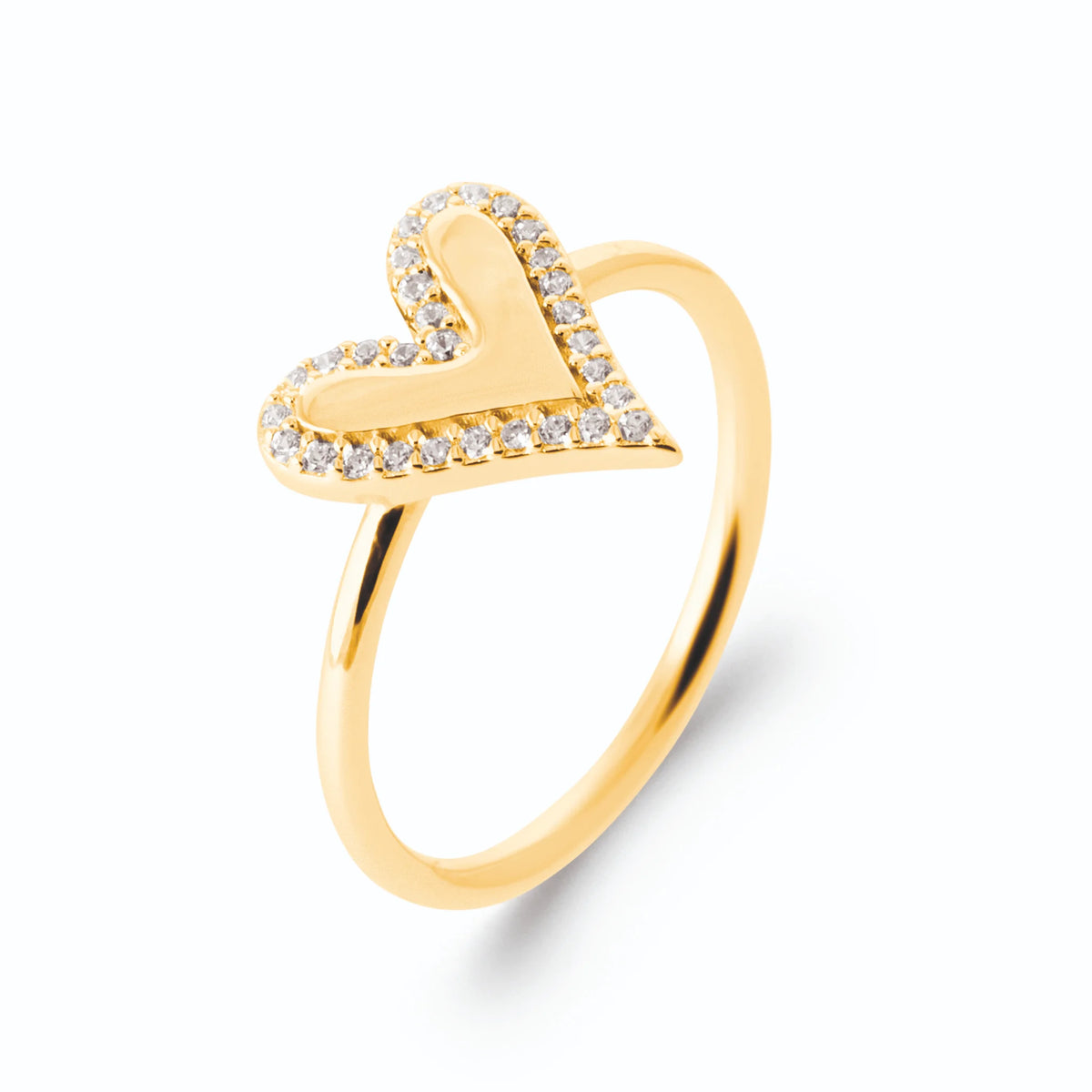 Bague cœur stylisé en pointe bordé de zircons en plaqué or