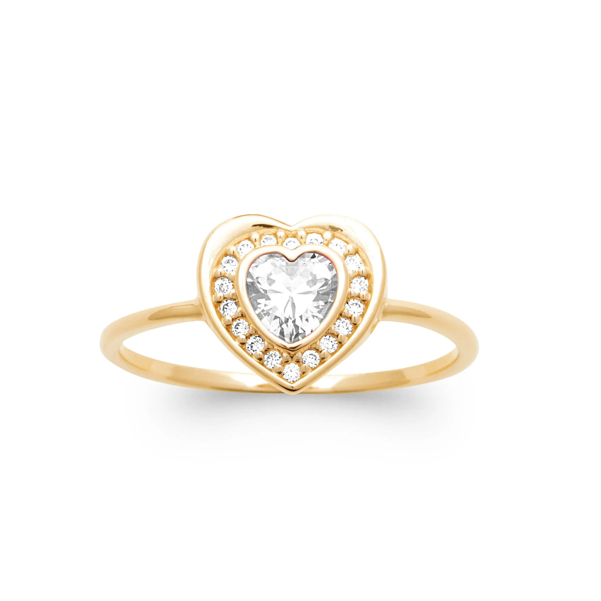 Bague cœur zircon et entourage de zircons plaqué or, vue de face