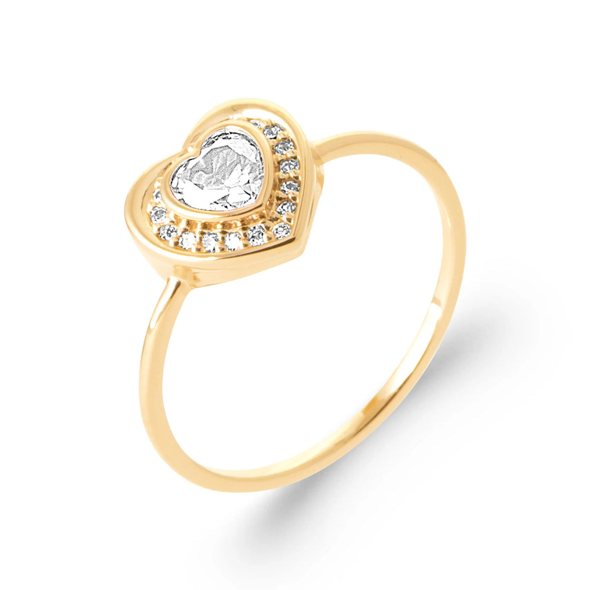 Bague cœur zircon et entourage de zircons en plaqué or, vue de trois quarts