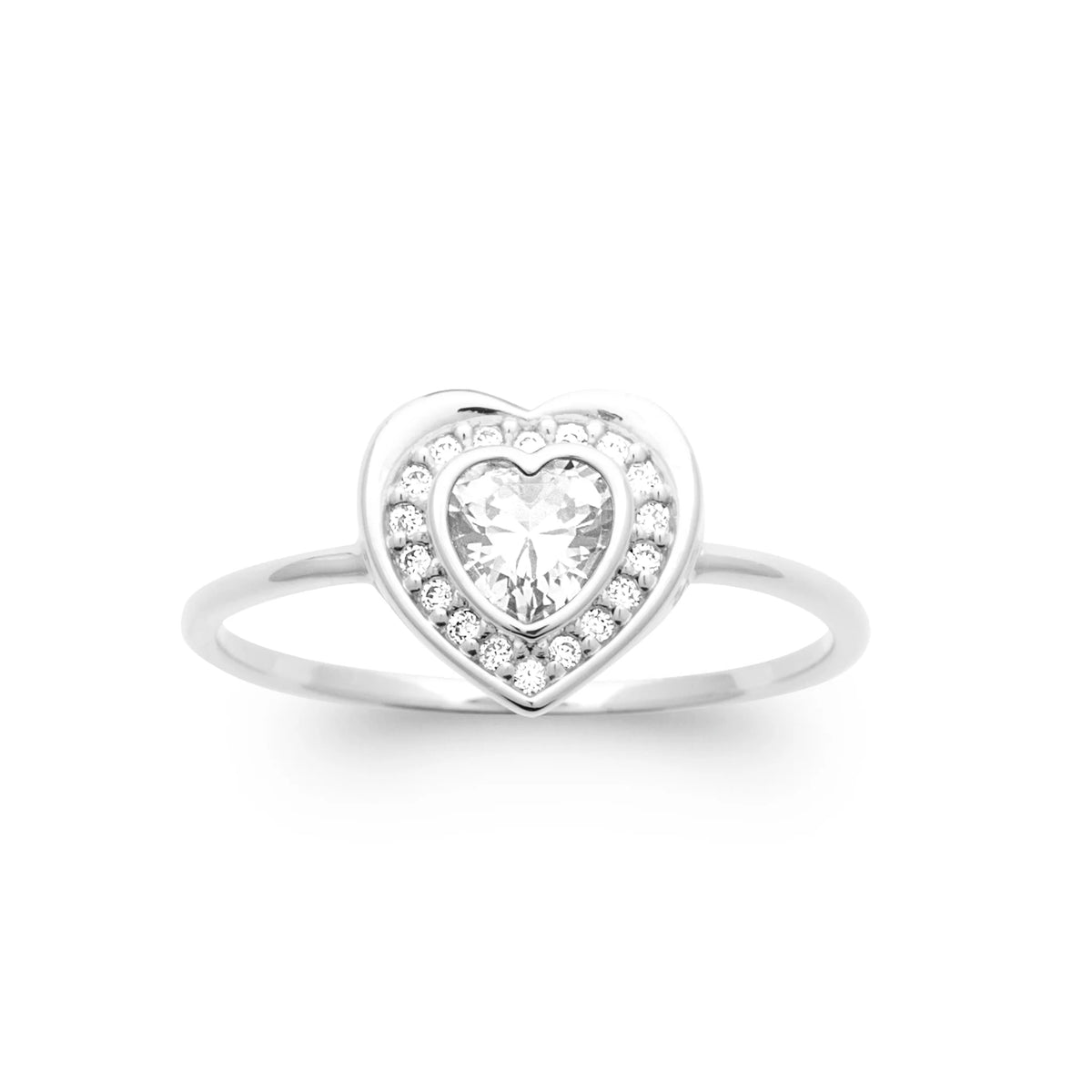 Bague cœur zircon et halo pavé en argent 925, vue de face