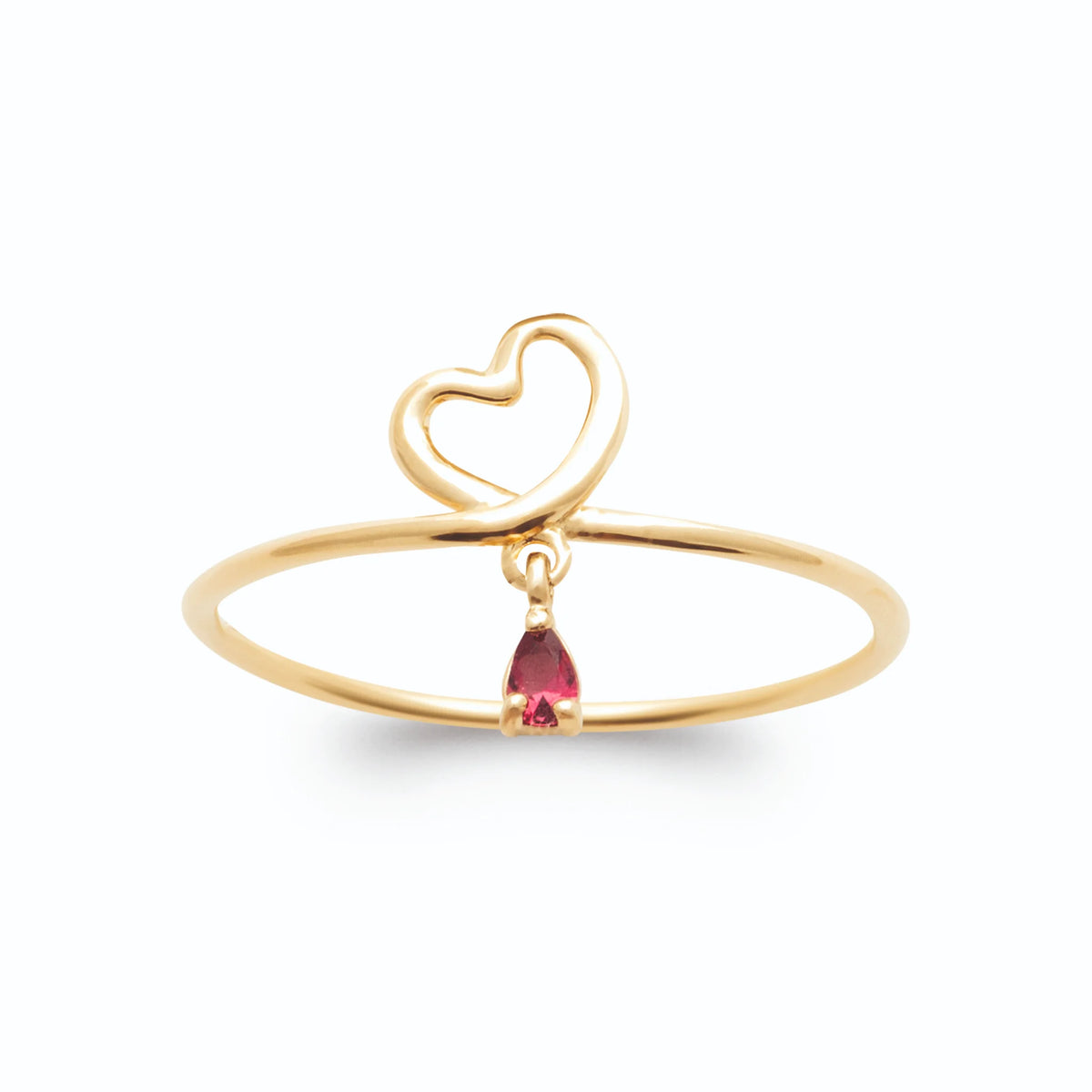 Bague contour de cœur noué et pampille rouge cerise en plaqué or