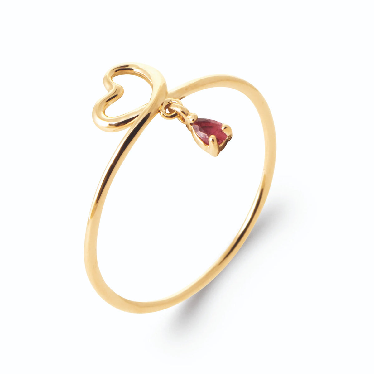 Bague contour de cœur noué et pampille rouge cerise en plaqué or