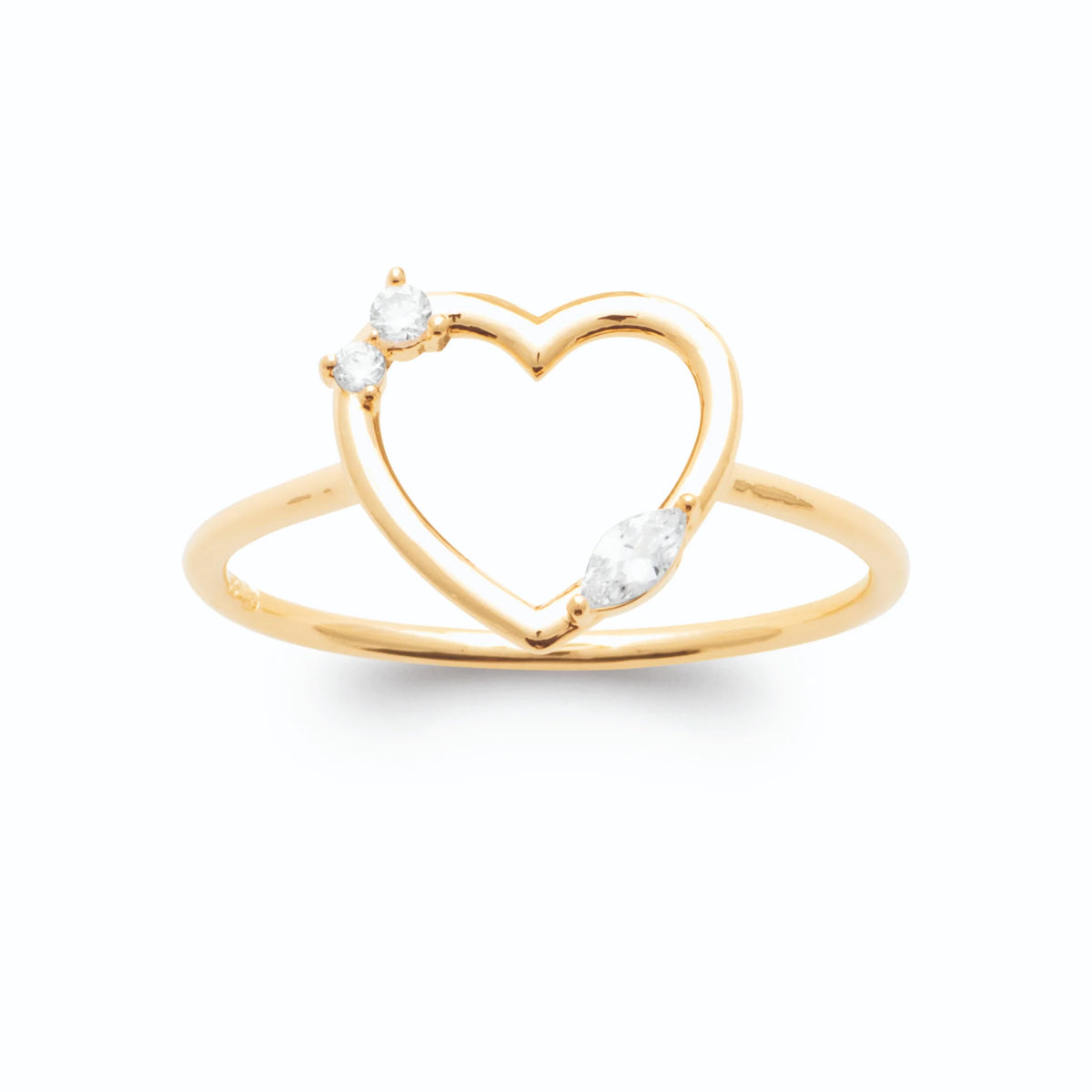 Bague contour de cœur ouvert en fil d’or et deux zircons en plaqué or