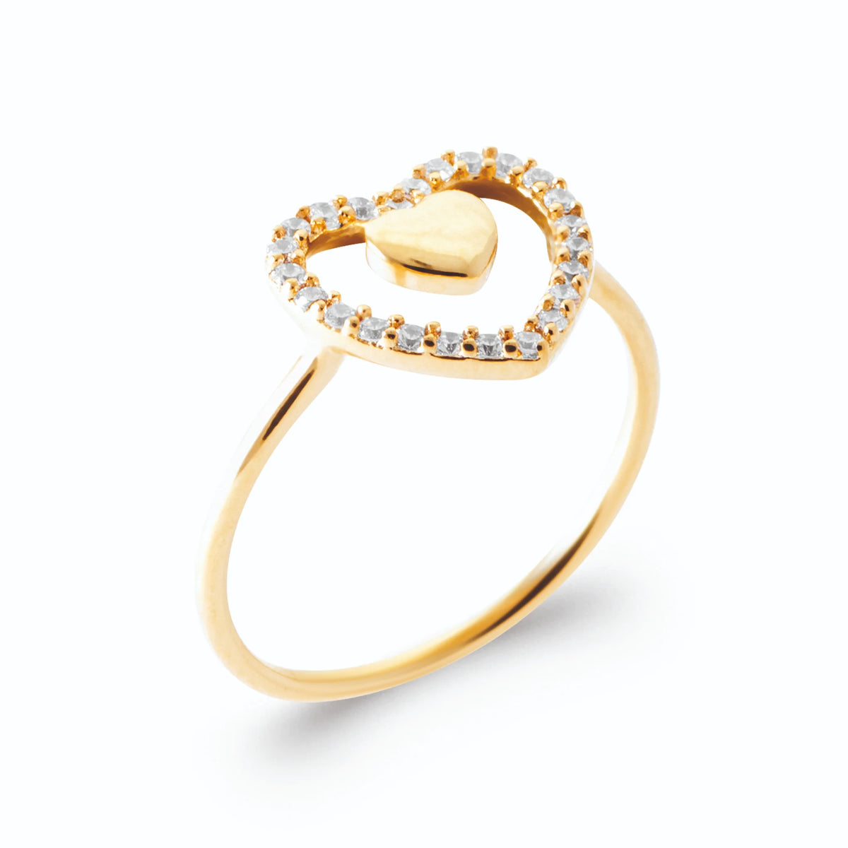 Bague contour de cœur pavé et petit cœur d’or poli en plaqué or