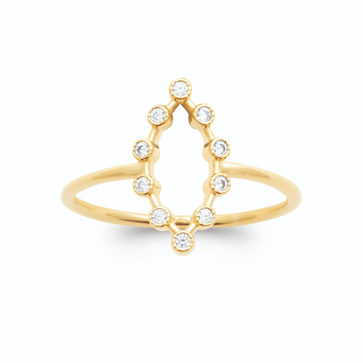 Bague contour de navette ajouré en zircons sertis clos plaqué or, vue de face