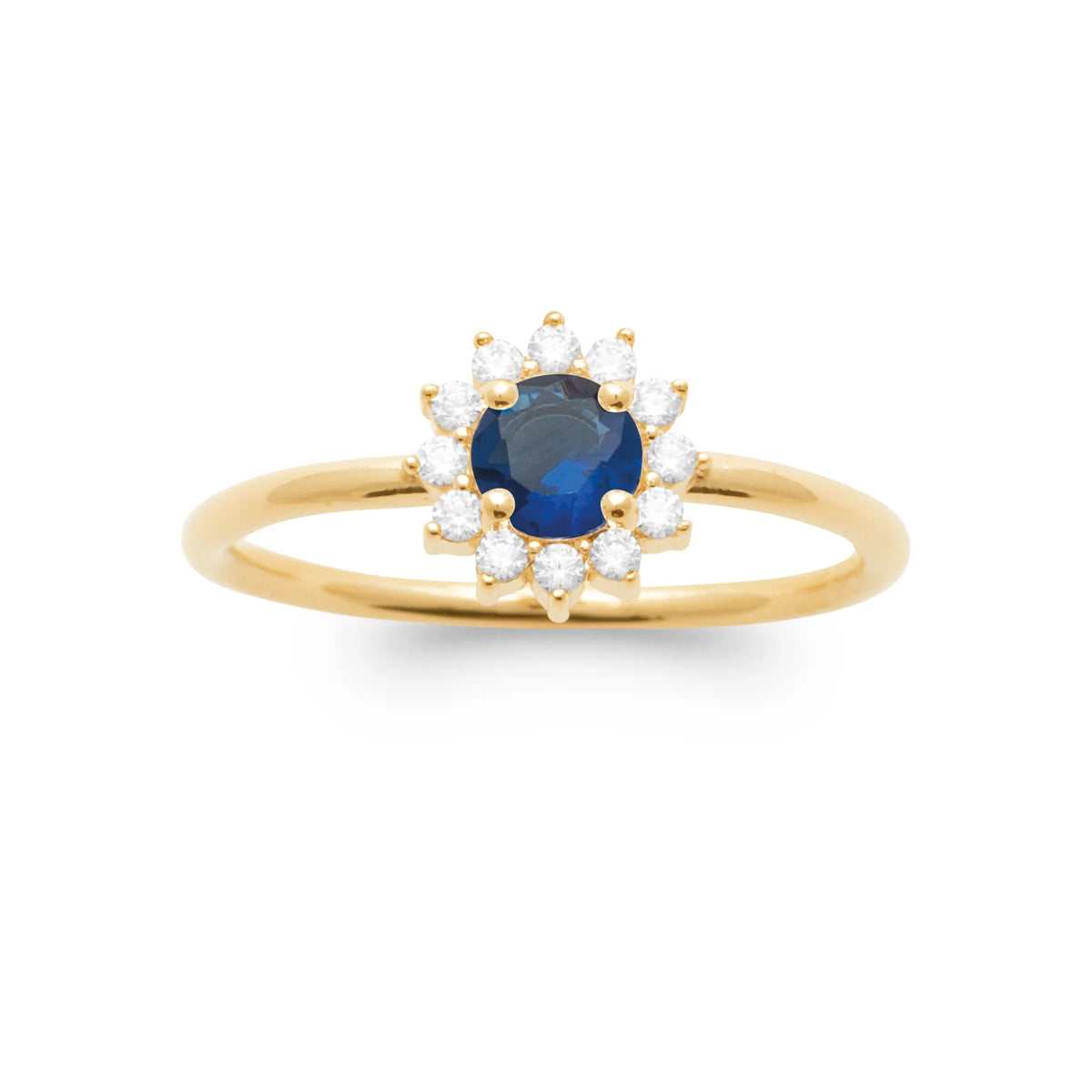 Bague corolle de zircons et pierre ovale bleu nuit en plaqué or