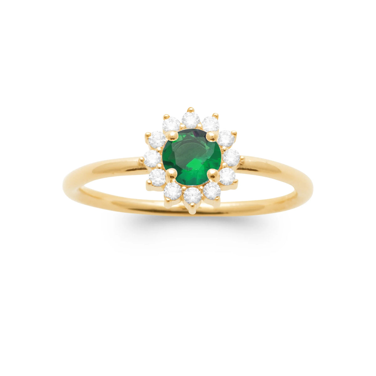 Bague corolle de zircons et pierre ronde vert intense en plaqué or