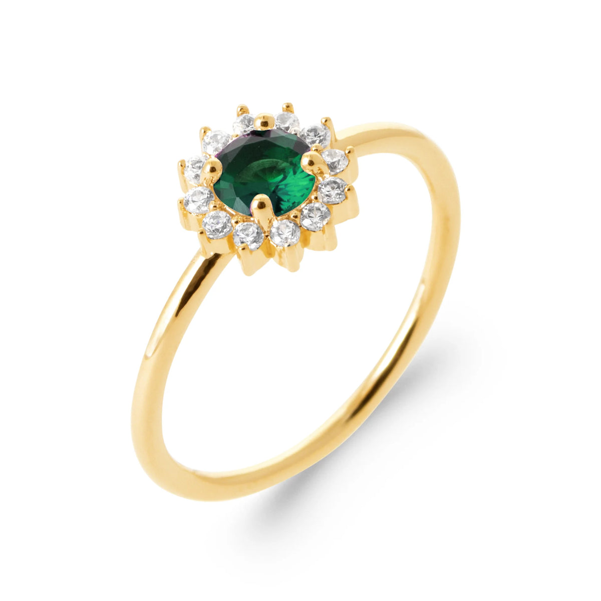 Bague corolle de zircons et pierre ronde vert intense en plaqué or