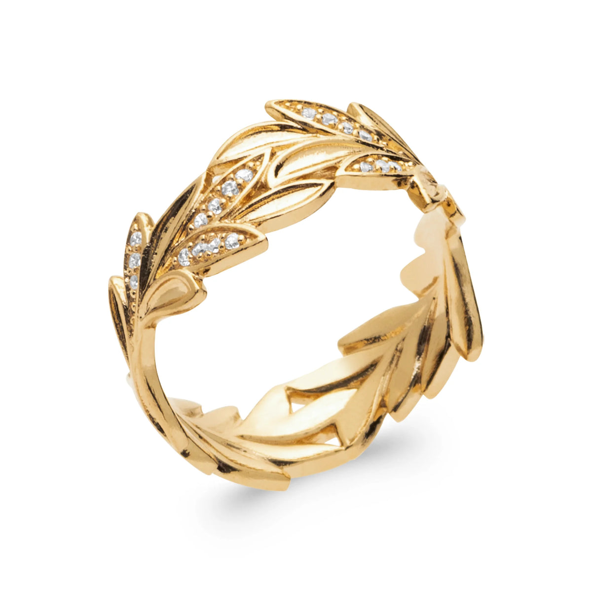 Bague couronne de feuilles de laurier pavées de zircons en plaqué or