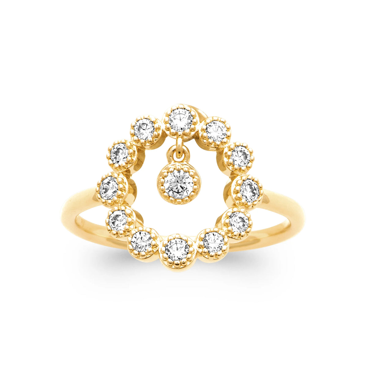Bague plaqué or, cercle de zircons sertis perlés et zircon mobile au centre, vue de face