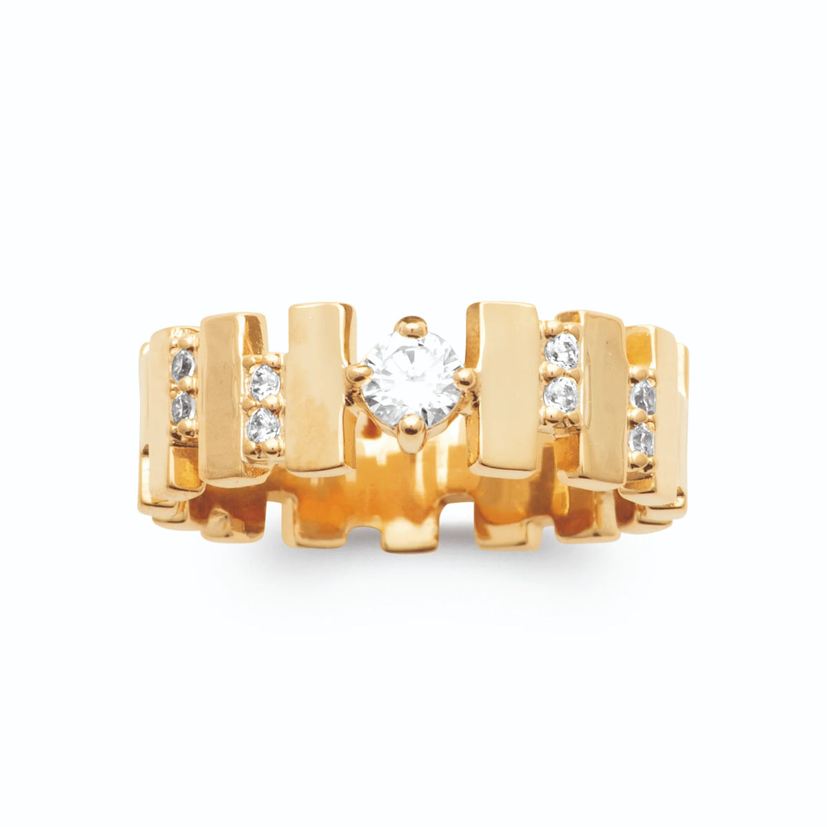 Bague créneaux d’or pavés de zircons et zircon central plaqué or, vue de face