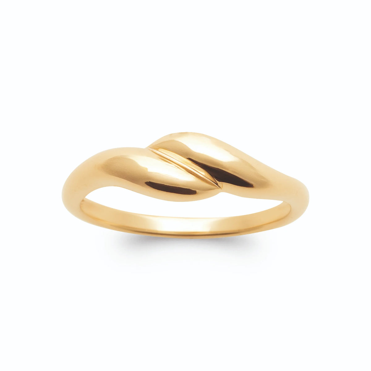 Bague croisée deux vagues bombées polies sans pierre plaqué or, vue de face