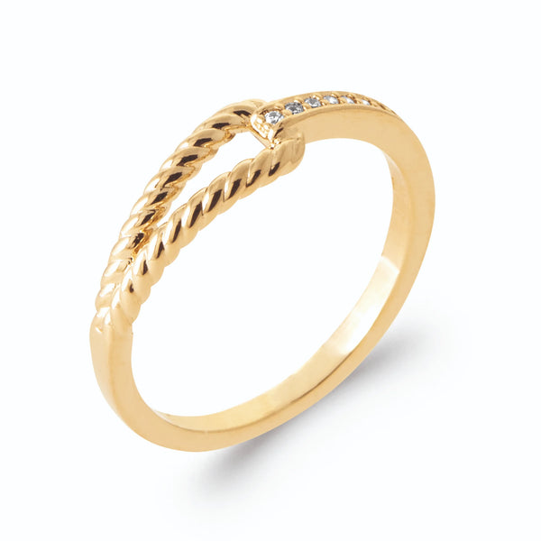 Bague croisée fil torsadé et ligne pavée de zircons en plaqué or, vue de trois quarts