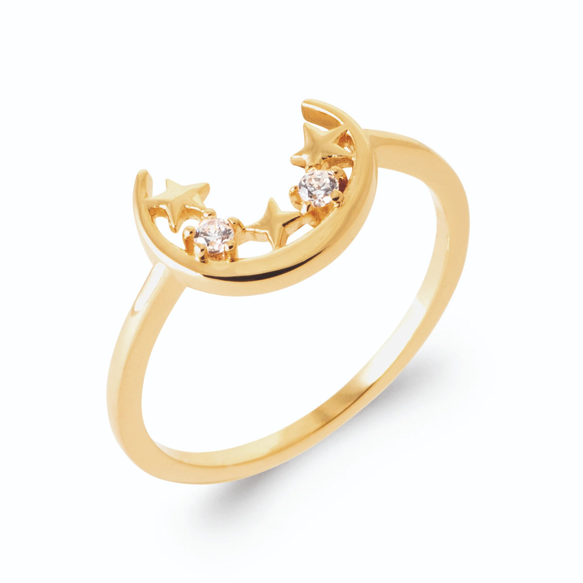 Bague croissant de lune, petites étoiles et zircons en plaqué or