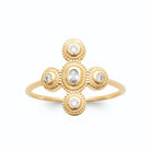 Bague croix de cinq zircons cernés de grains d’or en plaqué or