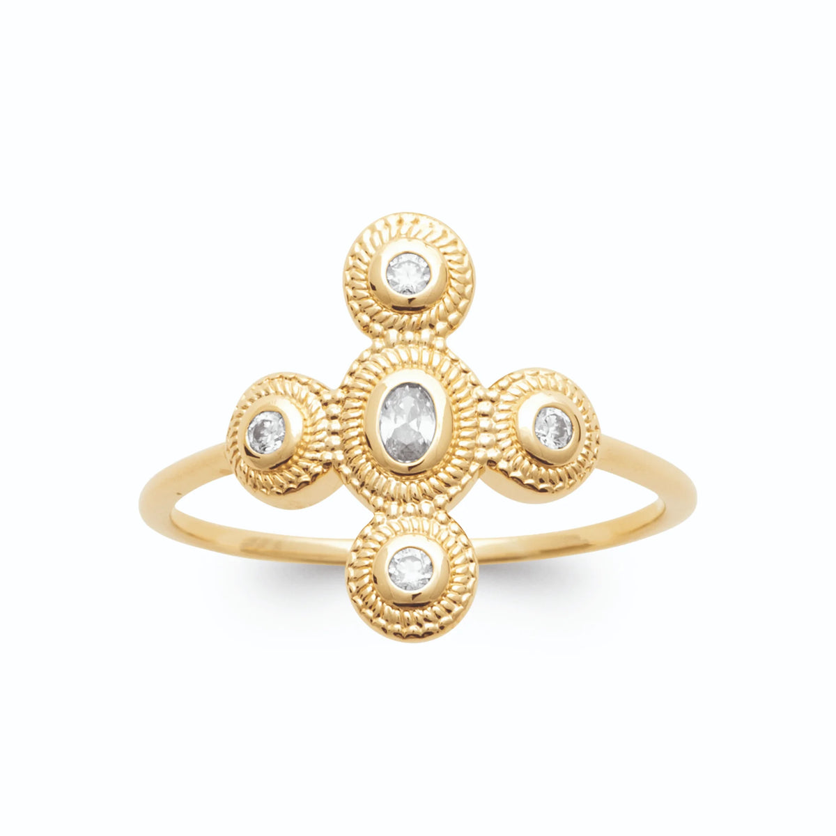 Bague croix de cinq zircons cernés de grains d’or en plaqué or