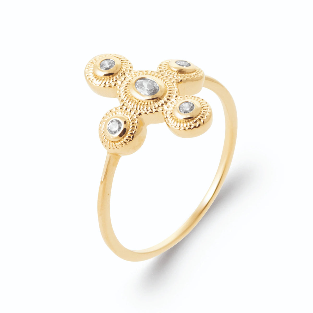 Bague croix de cinq zircons cernés de grains d’or en plaqué or