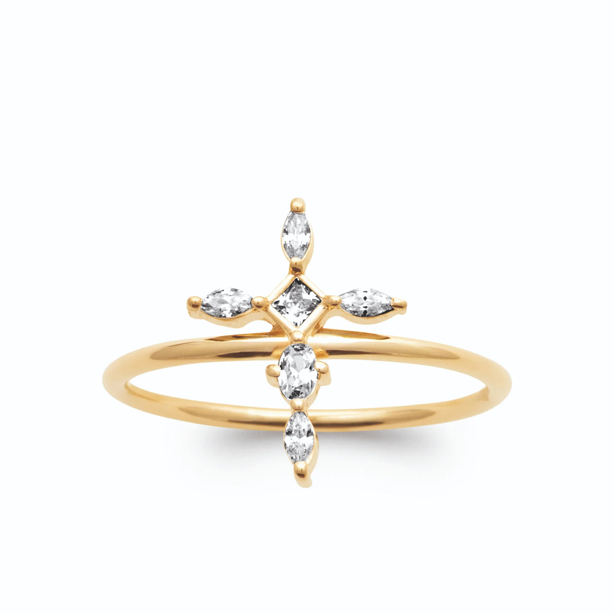 Bague croix de zircons navettes en plaqué or