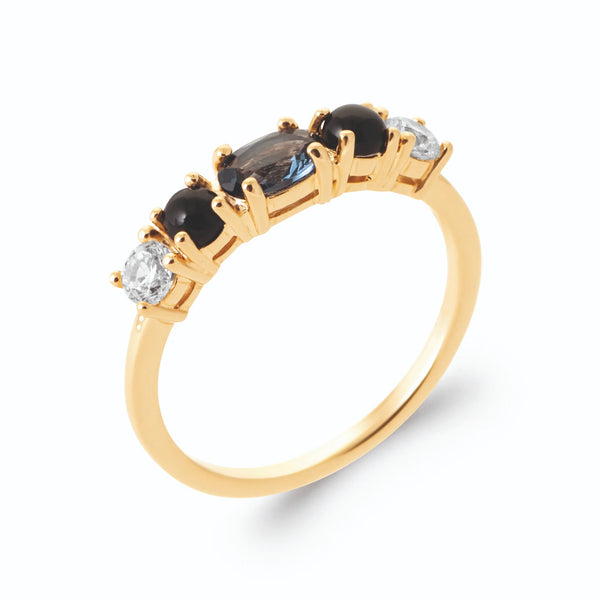 Bague demi-rivière pierre bleu saphir pierres noires et zircons en plaqué or, vue de trois quarts