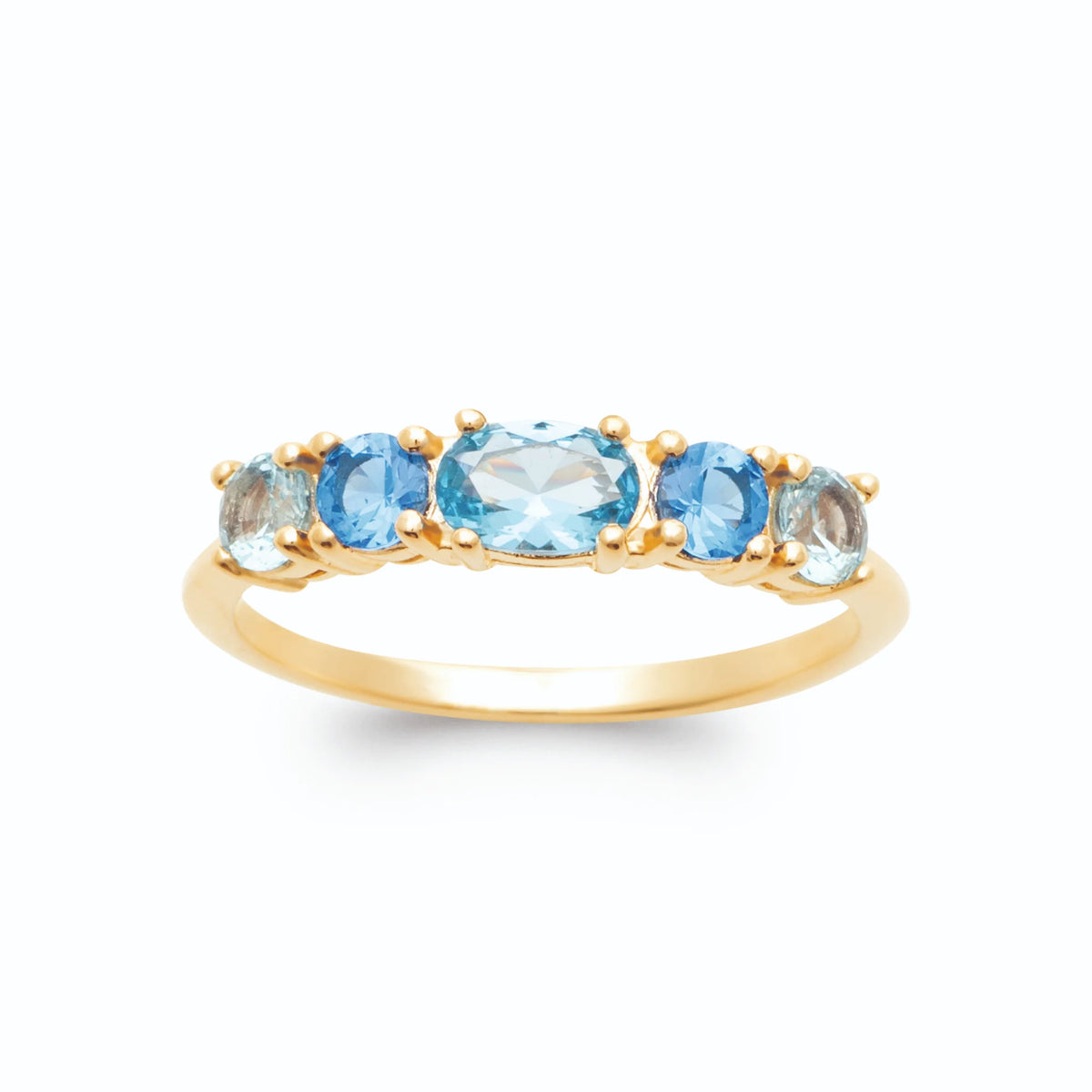 Bague demi-rivière de cinq pierres en camaïeu de bleus plaqué or, vue de face