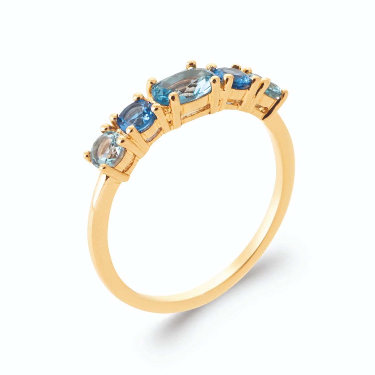 Bague demi-rivière de cinq pierres en camaïeu de bleus en plaqué or, vue de trois quarts