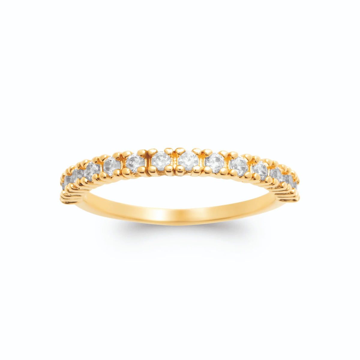 Bague demi-rivière fine de zircons en serti griffes plaqué or, vue de face