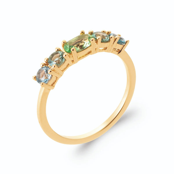 Bague demi-rivière vert menthe et bleu-vert aqua en plaqué or, vue de trois quarts