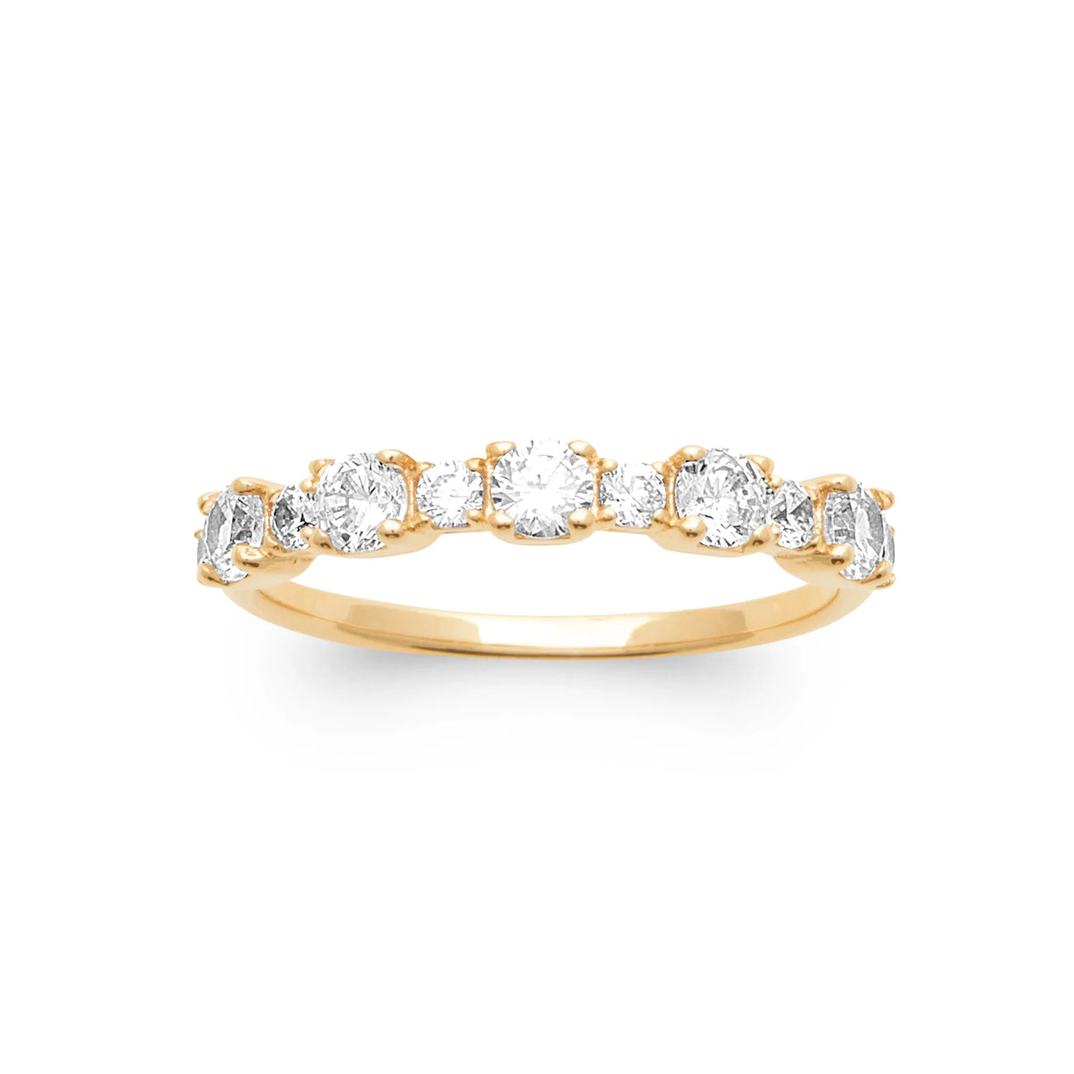 Bague demi-rivière zircons ronds alternés plaqué or, vue de face