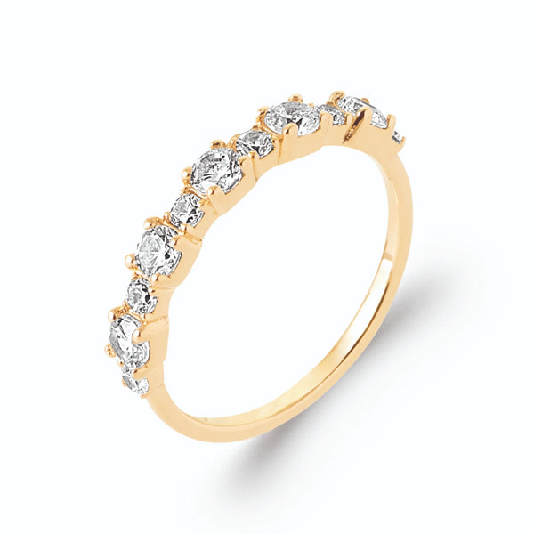 Bague demi-rivière zircons ronds alternés en plaqué or, vue de trois quarts