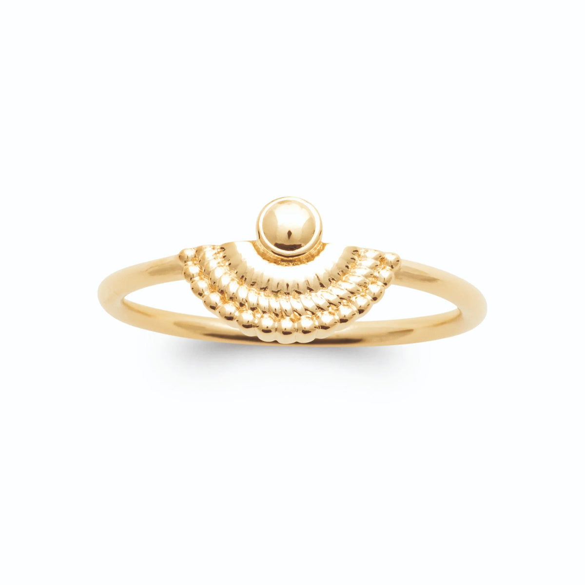 Bague demi-soleil de grains d’or et bille au sommet plaqué or, vue de face