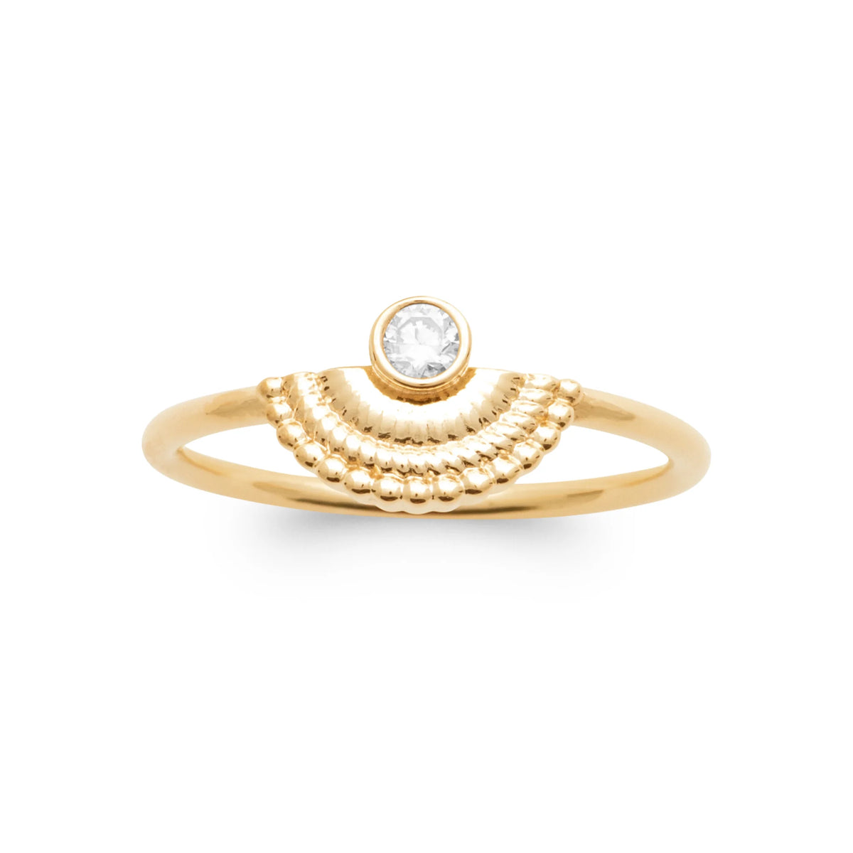Bague demi-soleil de grains d’or et zircon au sommet plaqué or, vue de face