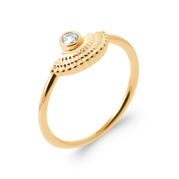 Bague demi-soleil de grains d’or et zircon au sommet en plaqué or, vue de trois quarts