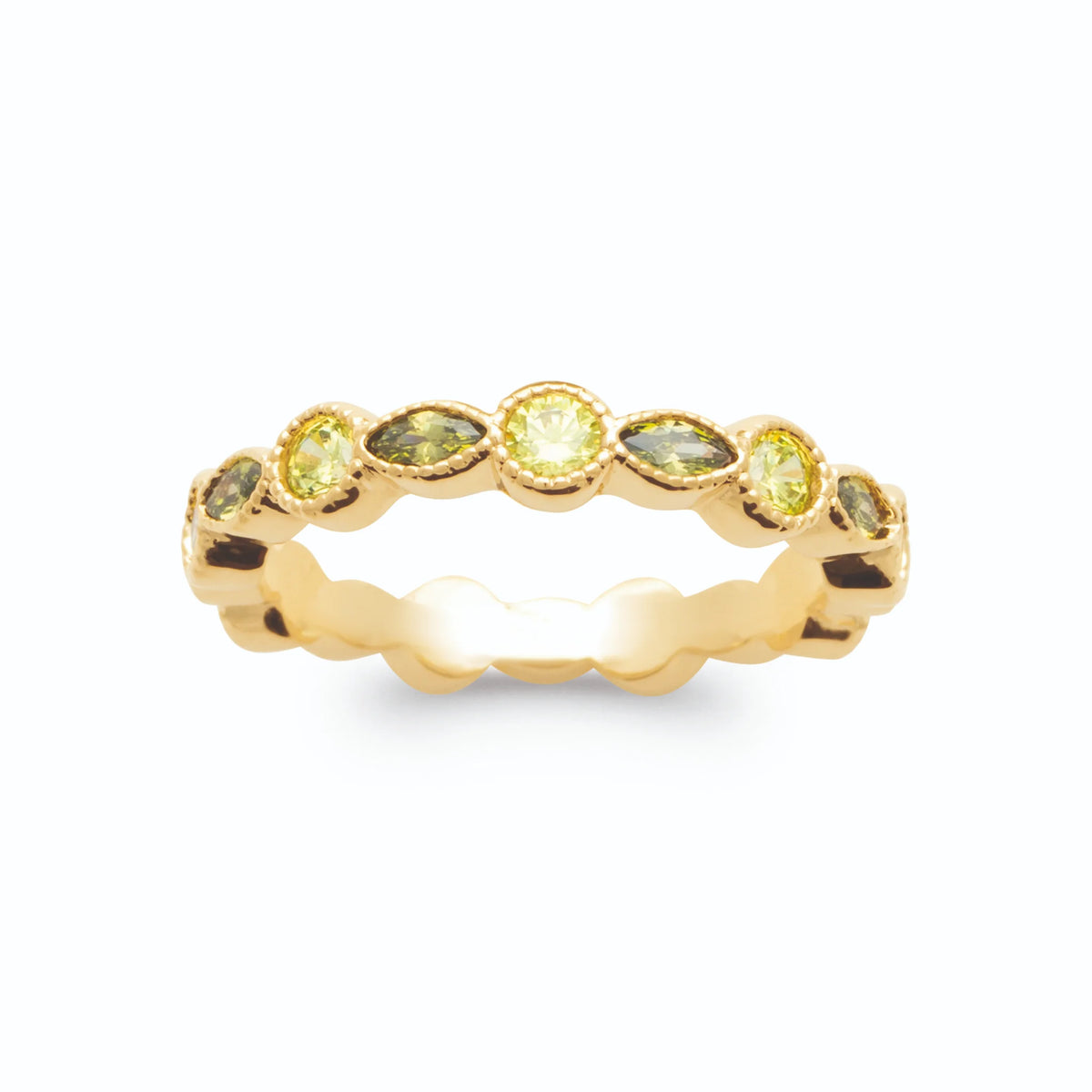 Bague demi-tour ondulé de pierres jaune citron et vert olive en plaqué or