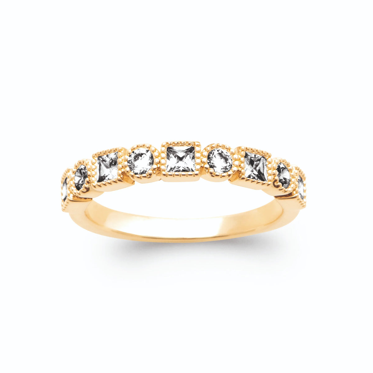 Bague demi-tour zircons carrés et ronds plaqué or, vue de face