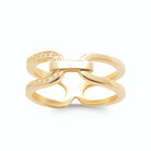 Bague deux anneaux reliés par des barrettes et ligne de zircons plaqué or, vue de face