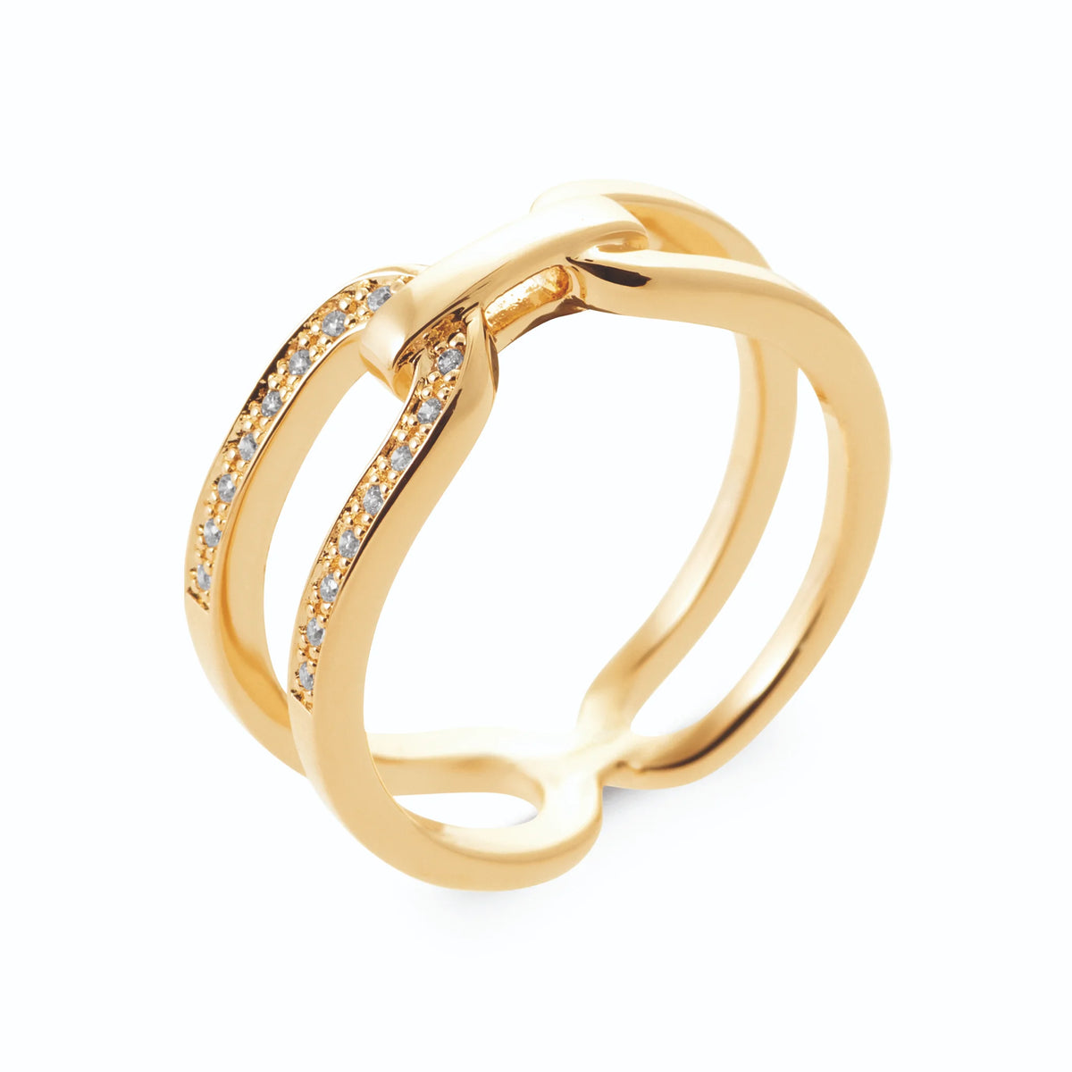 Bague deux anneaux reliés par des barrettes et ligne de zircons en plaqué or, vue de trois quarts