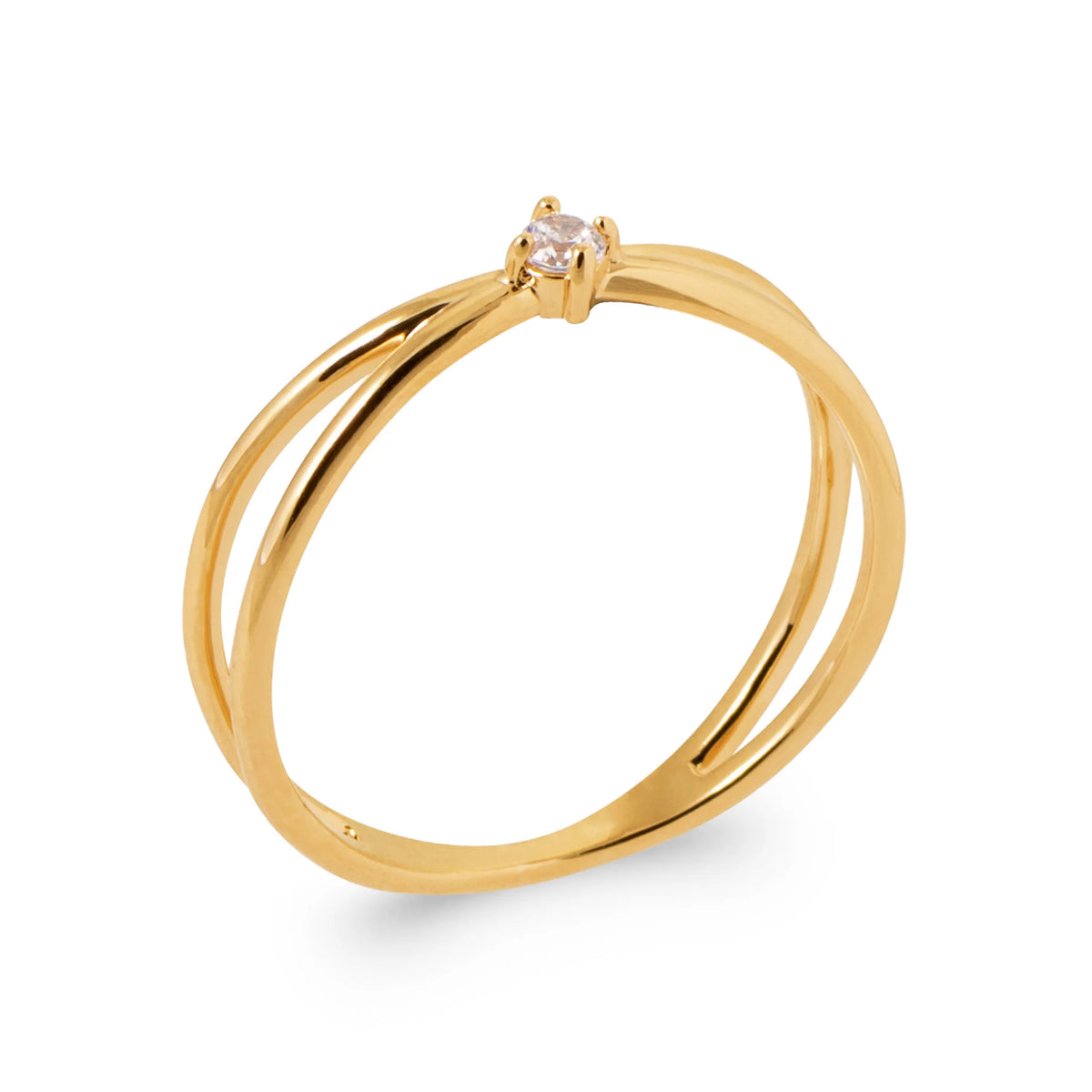 Bague deux anneaux fins croisés et petit zircon au croisement en plaqué or