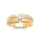 Bague deux bandes pavées décalées et zircon rectangulaire plaqué or, vue de face