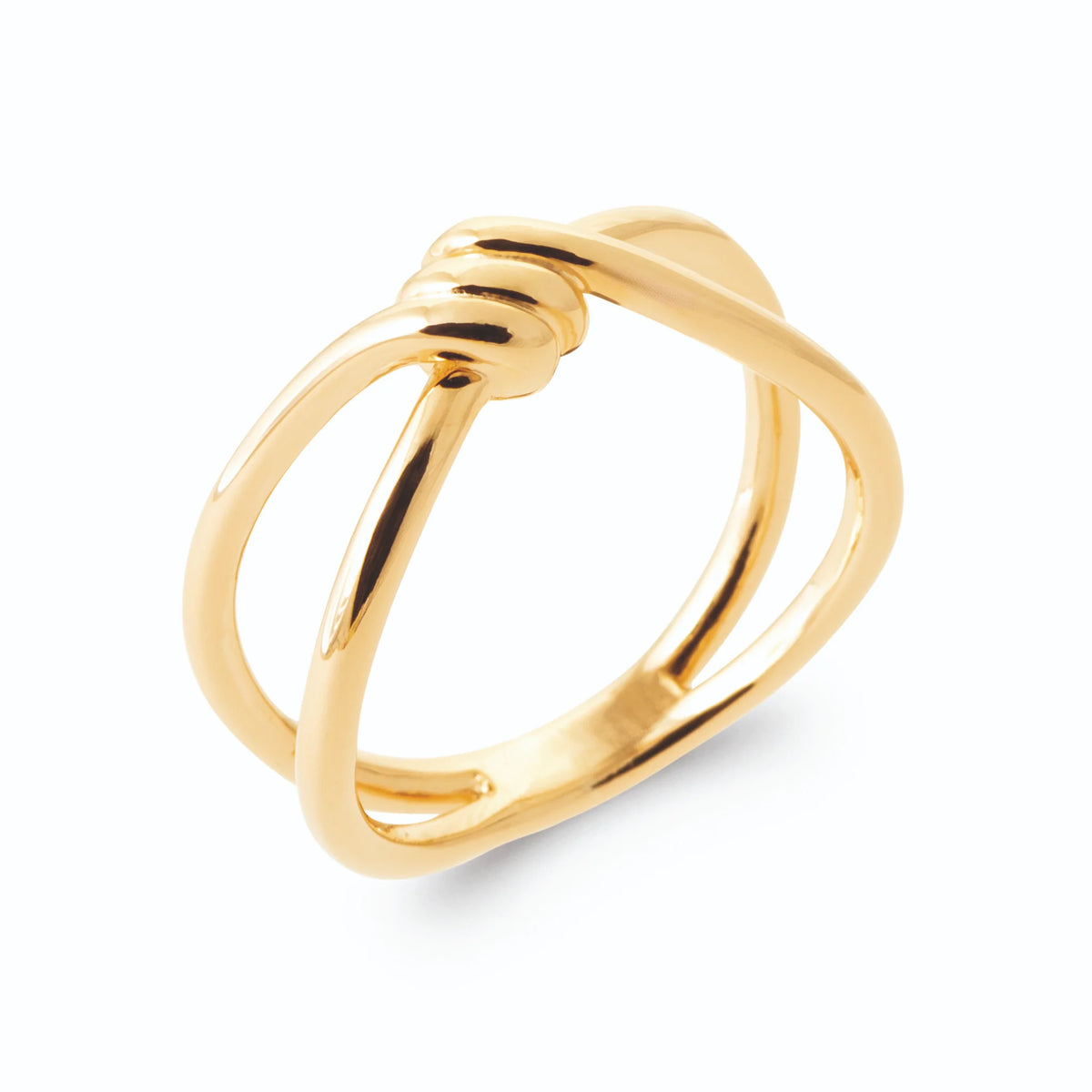 Bague deux joncs croisés en X et ligature de fil d’or en plaqué or, vue de trois quarts