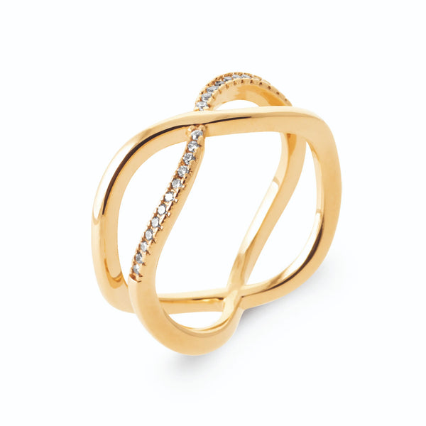 Bague deux joncs ondulés en vague ajourée et ligne de zircons en plaqué or, vue de trois quarts