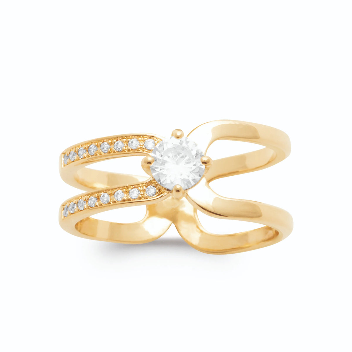 Bague deux rangs pavés de zircons autour d’un zircon central plaqué or, vue de face