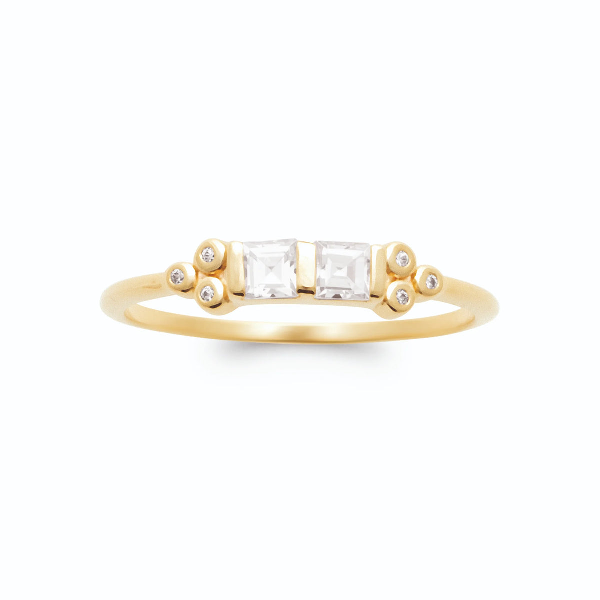 Bague deux zircons carrés serti clos et grains d’or en plaqué or