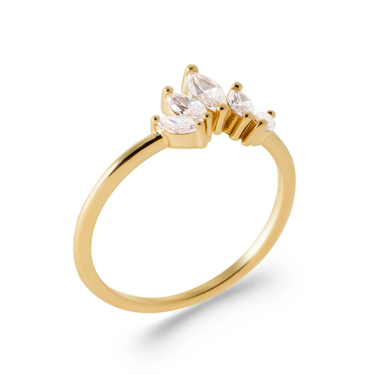 Bague diadème asymétrique de zircons navettes et ronds en plaqué or